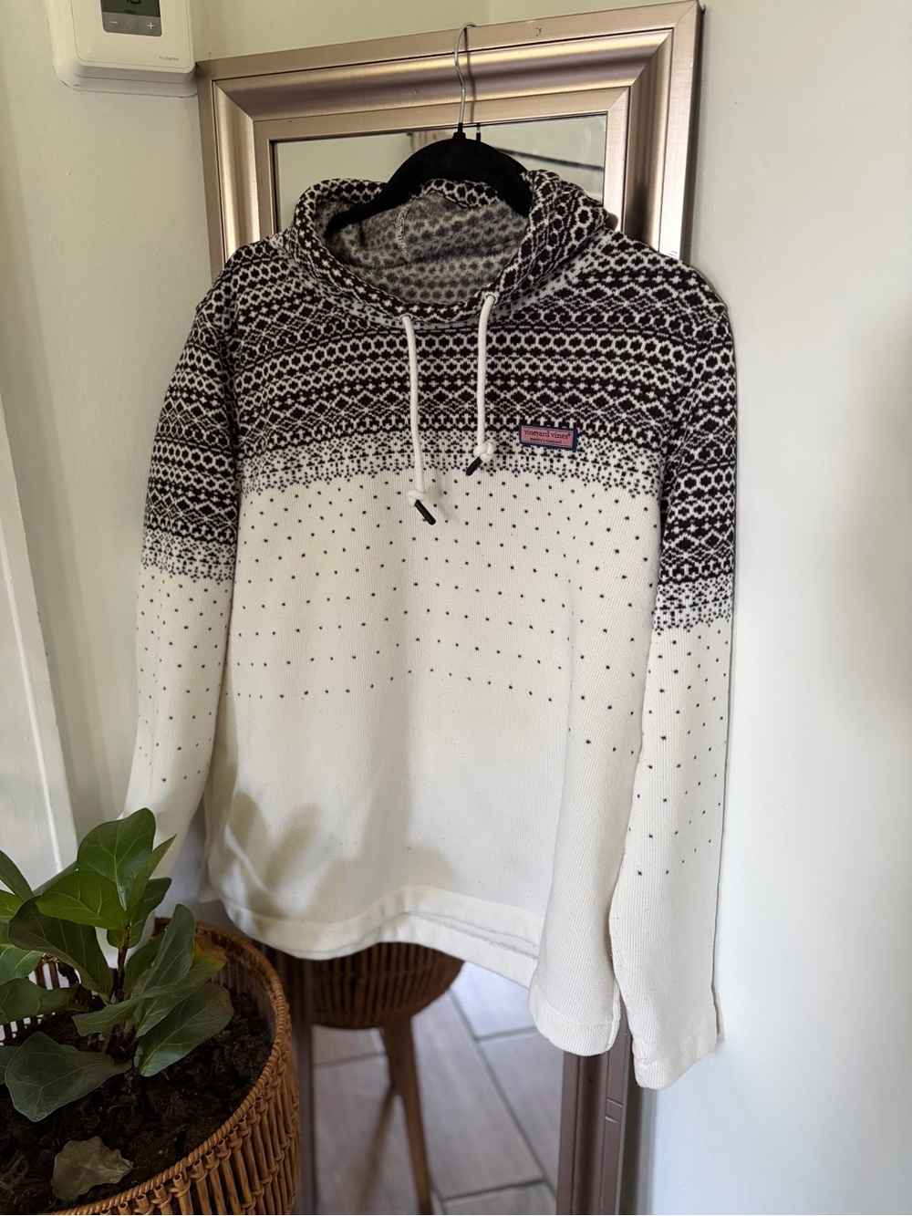 Vineyard Vines Fair Isle Hooded Sweater Cream Black Nordic Pullover Size L